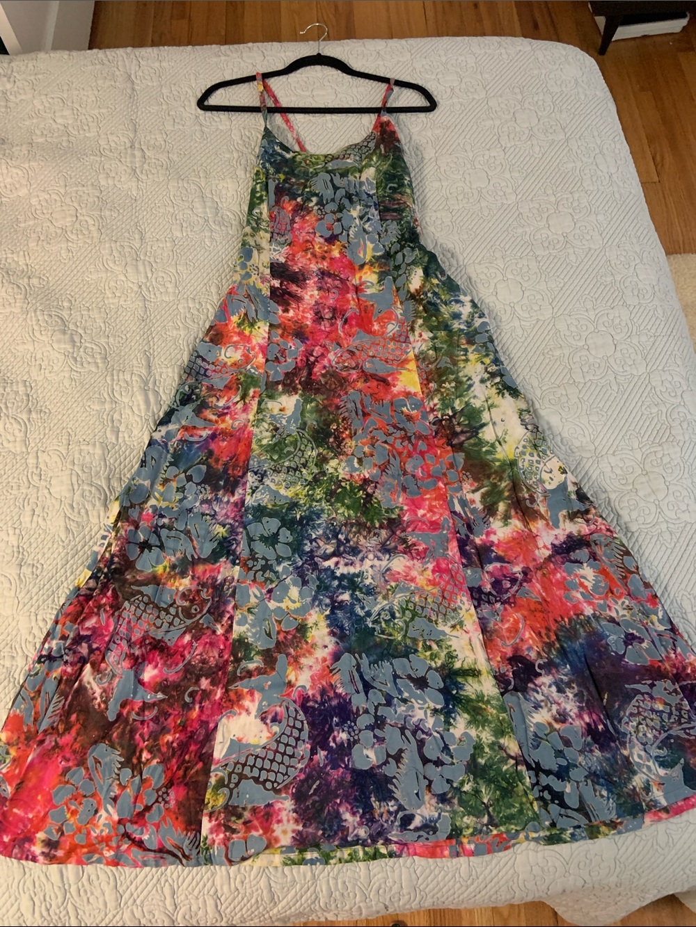 Vintage Bohemian Batik Koi Fish Maxi Dress - Spaghetti Strap, Lattice Back